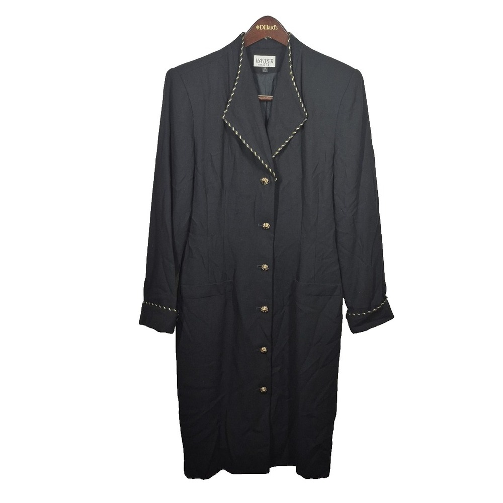 Kasper ASL Dress Womens 12 Black Gold Trim LongButton Front Career Dressy Office